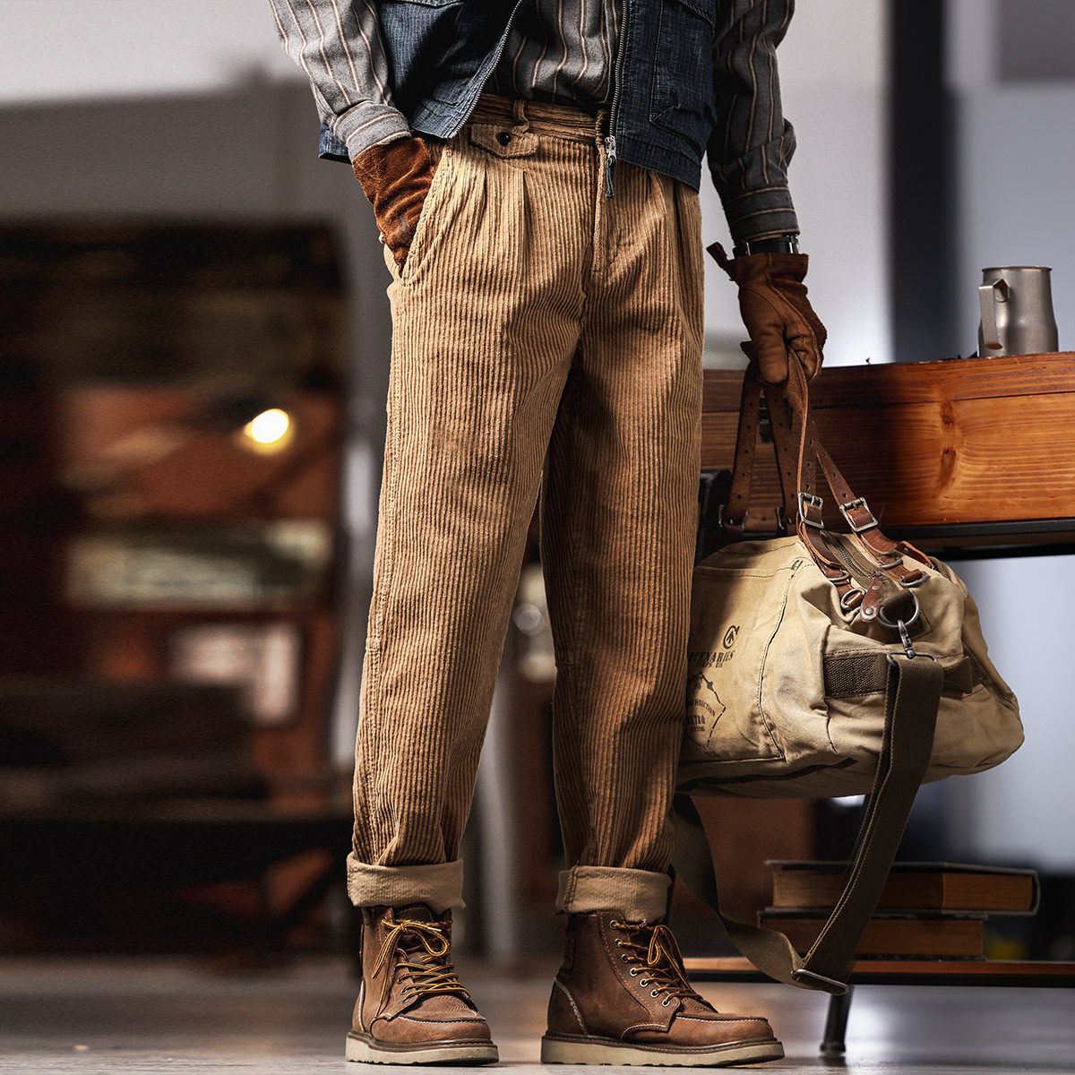 美式復古重磅燈芯絨休閒褲男秋季潮牌寬鬆直筒工裝休閒褲子