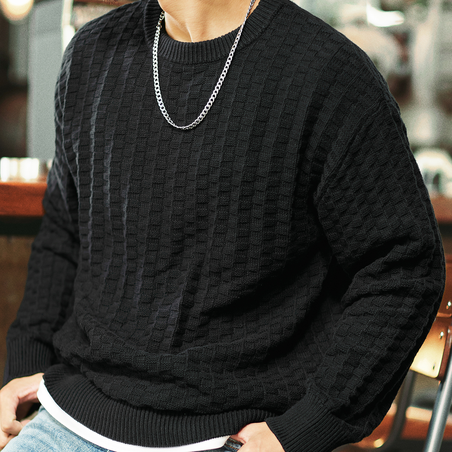 美式復古格子肌理感毛衣男2025冬季新款圓領內搭保暖秋冬針織衫