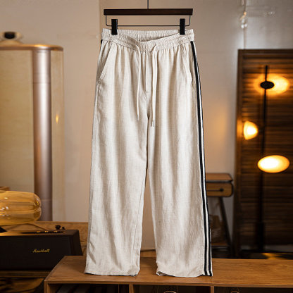 萊賽爾亞麻薄款休閒褲男夏季新款美式條紋男士垂感直筒長褲子