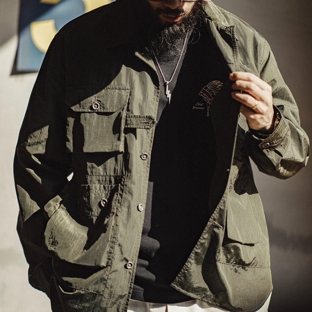 美式復古獵裝襯衫薄款梭織多口袋軍綠色長袖襯衫外套男春