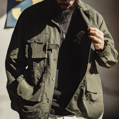 美式復古獵裝襯衫薄款梭織多口袋軍綠色長袖襯衫外套男春