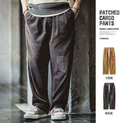 美式復古燈芯絨補丁休閒褲vintage寬鬆闊腿直筒褲男秋季-Retro's Wear