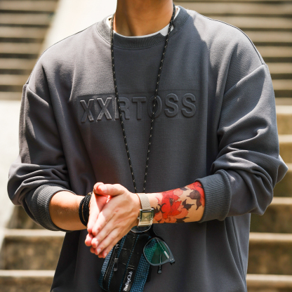 美式復古320g假兩件圓領衛衣男3D立體鋼印套頭無帽上衣