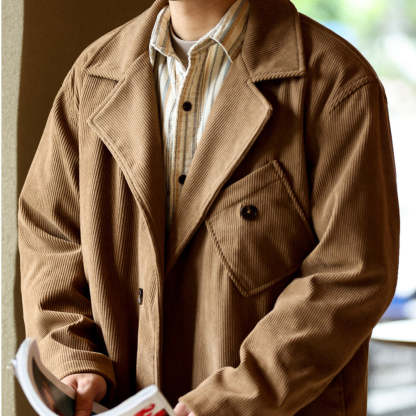 日系燈芯絨西裝外套男貼袋設計感休閒復古法式輕熟疊穿夾克-Retro's Wear