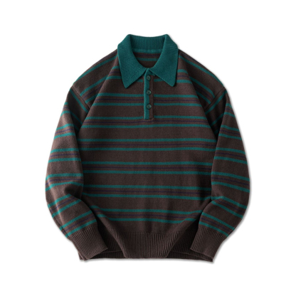 美式復古POLO領條紋毛衣男2025冬季新款寬鬆慵懶風撞色針織衫上衣