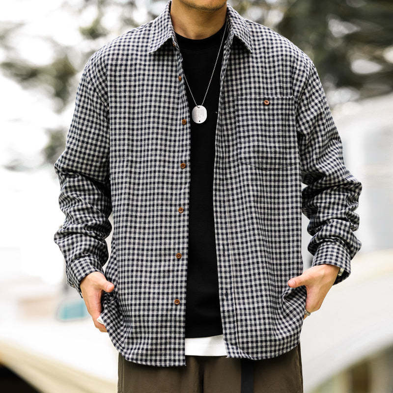 日系重磅格子長袖襯衫男磨毛柔織休閒免燙翻領秋季襯衣外套-Retro's Wear