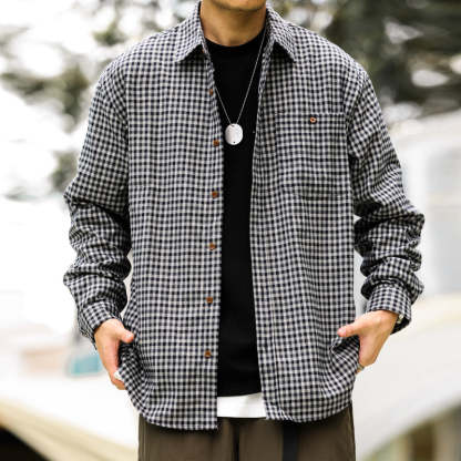 日系重磅格子長袖襯衫男磨毛柔織休閒免燙翻領秋季襯衣外套-Retro's Wear