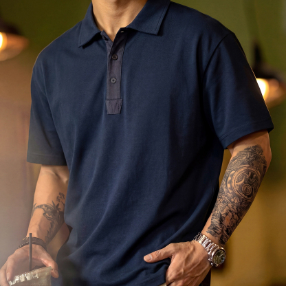 美式復古polo衫短袖男夏季新款寬鬆透氣藏青色上衣商務通勤體恤