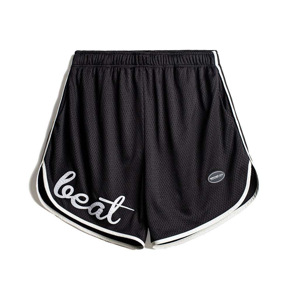 美式黑色雙層網眼短褲籃球高街運動風透氣沙灘四分褲男夏