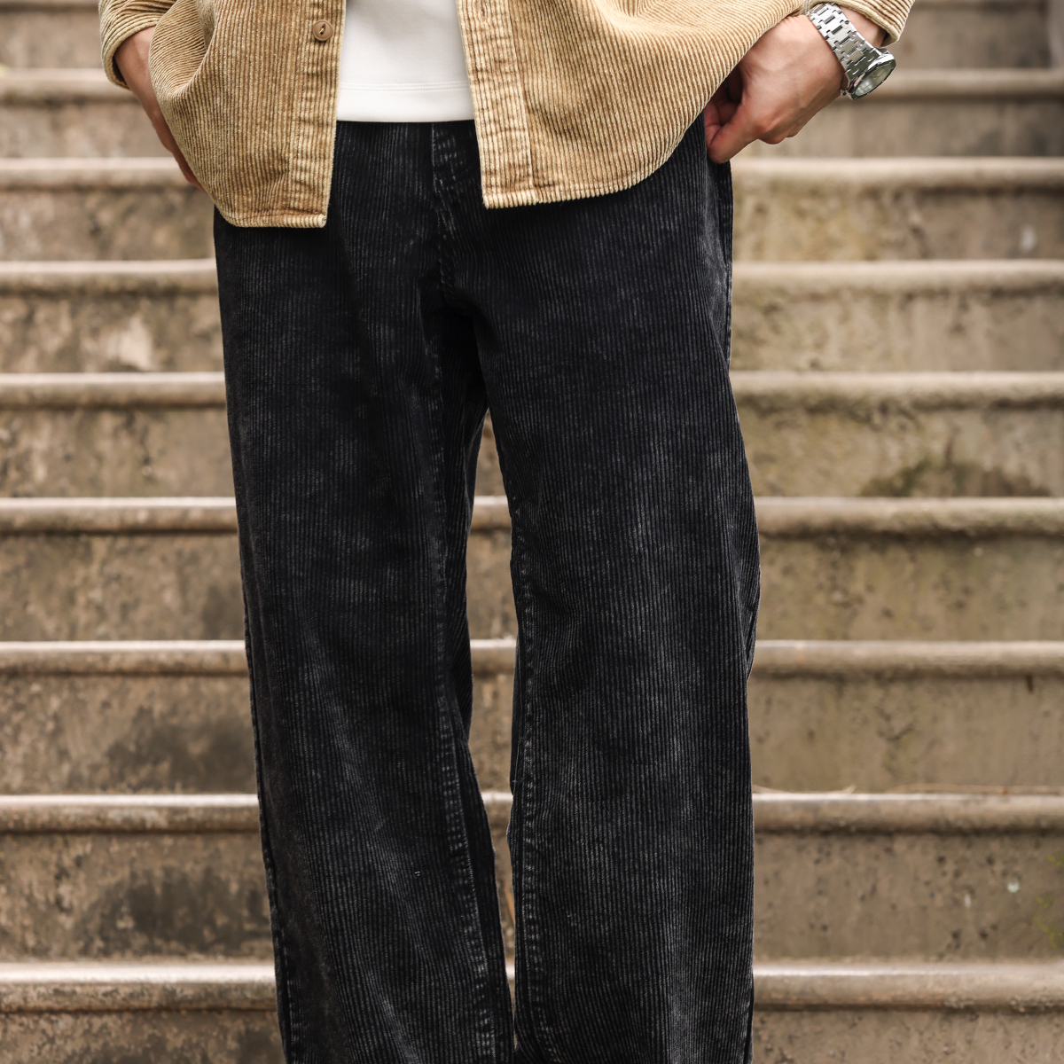 美式復古燈芯絨牛仔褲男寬鬆水洗做舊感vibe直筒休閒褲