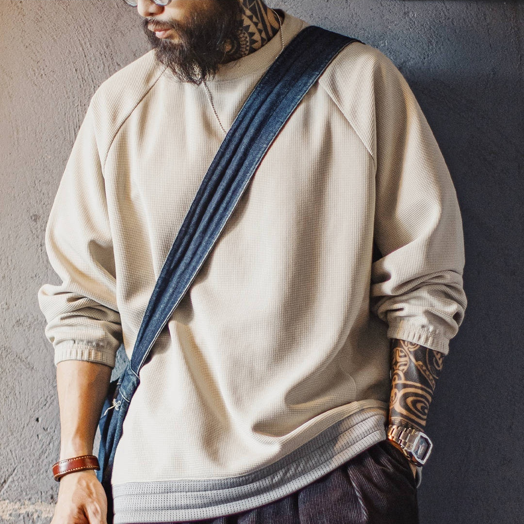 美式休閒華夫格重磅長袖衛衣插肩袖垂感寬鬆日系外套男秋