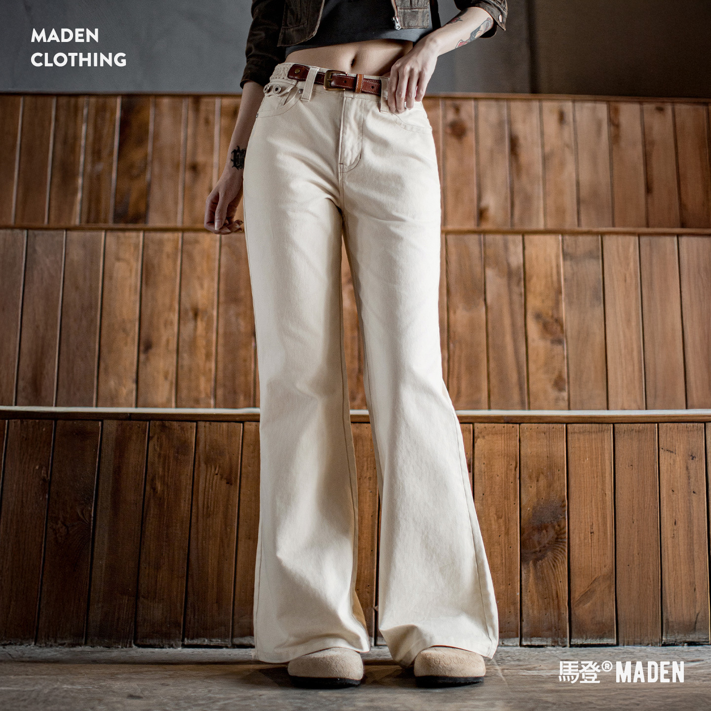 米白色直筒休閒褲顯瘦不貼腿純棉微喇叭馬蹄褲小個子女士秋季