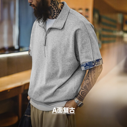 美式復古boro風半開襟polo古布印花寬鬆休閒翻領T恤男夏