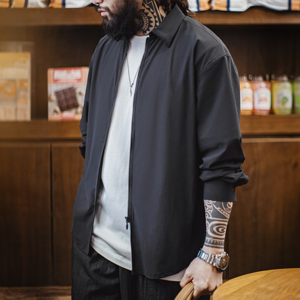 美式休閒垂感冰絲襯衫透氣cleanfit凉感黑長袖襯衣男春夏