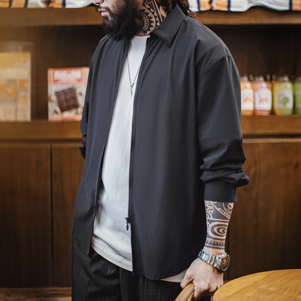 美式休閒垂感冰絲襯衫透氣cleanfit凉感黑長袖襯衣男春夏