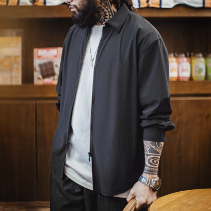 美式休閒垂感冰絲襯衫透氣cleanfit凉感黑長袖襯衣男春夏