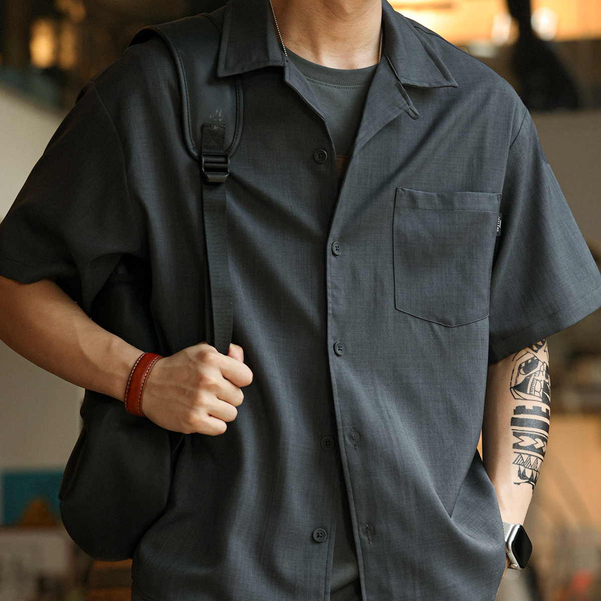 日系復古竹節紋古巴領短袖襯衫男寬鬆雲感半袖開衫襯衫