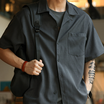 日系復古竹節紋古巴領短袖襯衫男寬鬆雲感半袖開衫襯衫