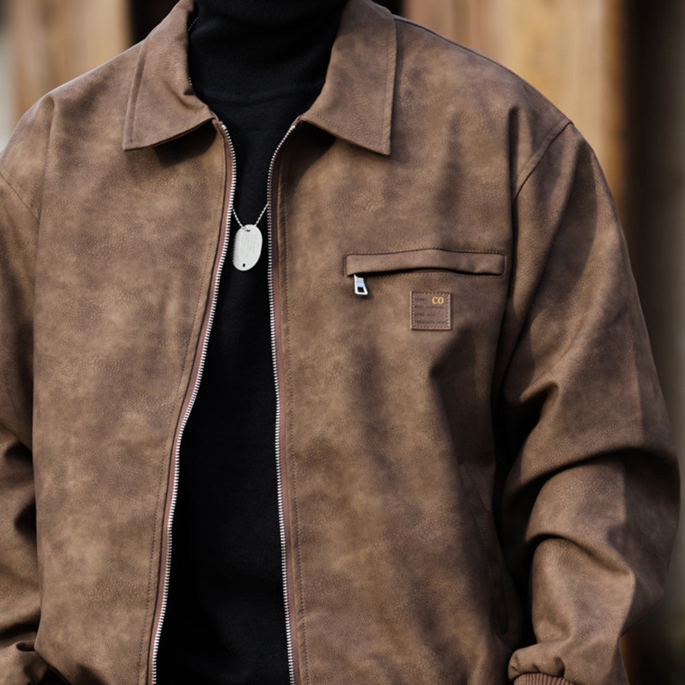 美式復古PU皮夾克男cleanfit寬鬆質感工裝底特律獵裝皮衣外套-Retro's Wear