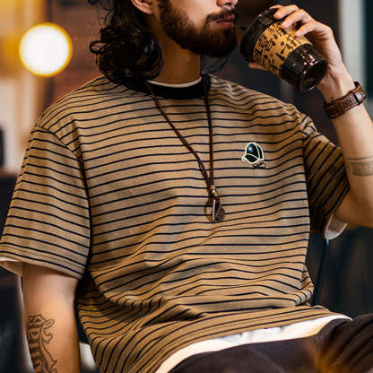 美式復古細條紋短袖t恤男2025夏季新款刺繡仿洗水做舊半袖男款夏t