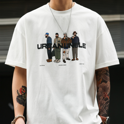 美式休閒趣味人物印花T恤男夏季街頭220g雙面棉短袖體恤