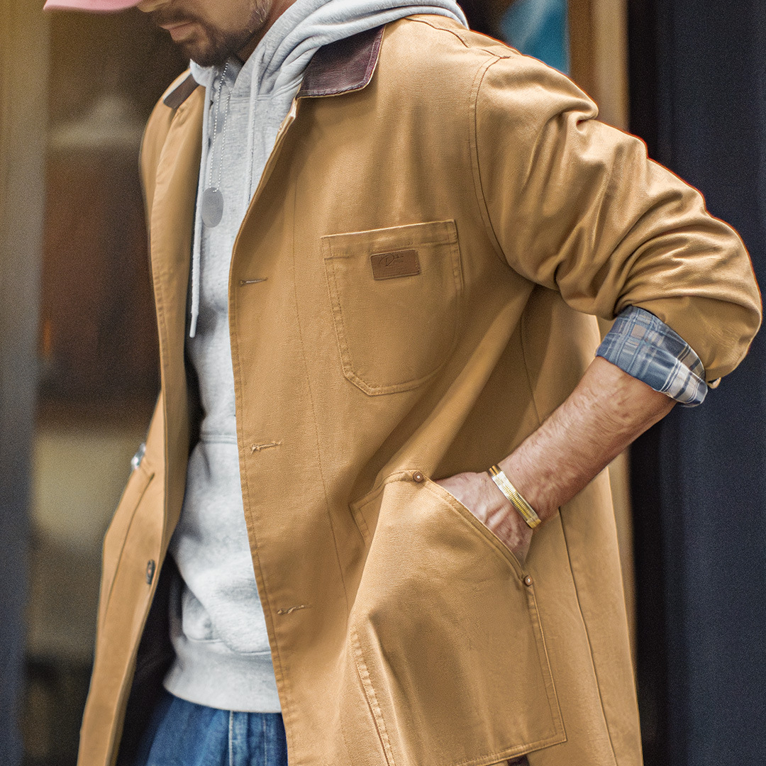 美式復古密歇根風衣卡其色巴恩風中長款廓形夾克外套男秋