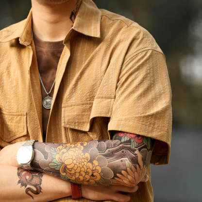 美式復古泡泡紗短袖襯衫男雙口袋暗紋翻領120g工裝襯衣