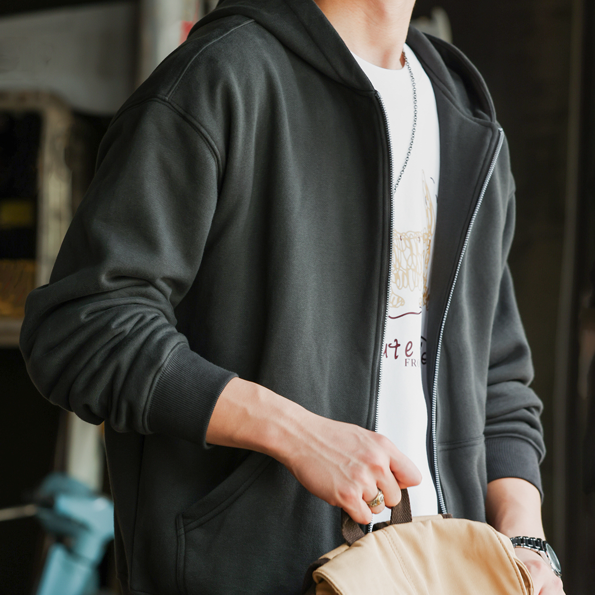 美式復古拉鍊連帽開衫衛衣男350g重磅針織磨毛絨感外套