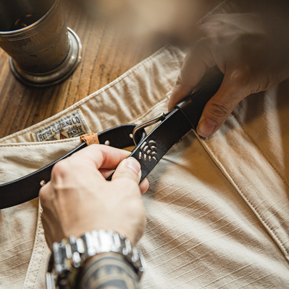 復古黑色頭層牛皮腰帶阿美咔嘰針扣腰鏈配飾真皮皮帶男士-Retro's Wear