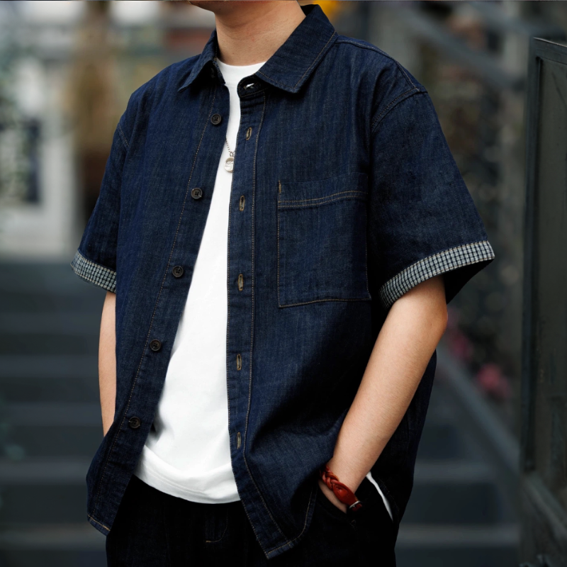 男士夏季寬鬆休閒短袖襯衫美式新款格子拼接棉麻牛仔襯衣