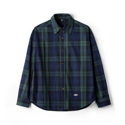 美式復古藍綠色格子襯衫外套純棉肌理感長袖薄款襯衣男秋