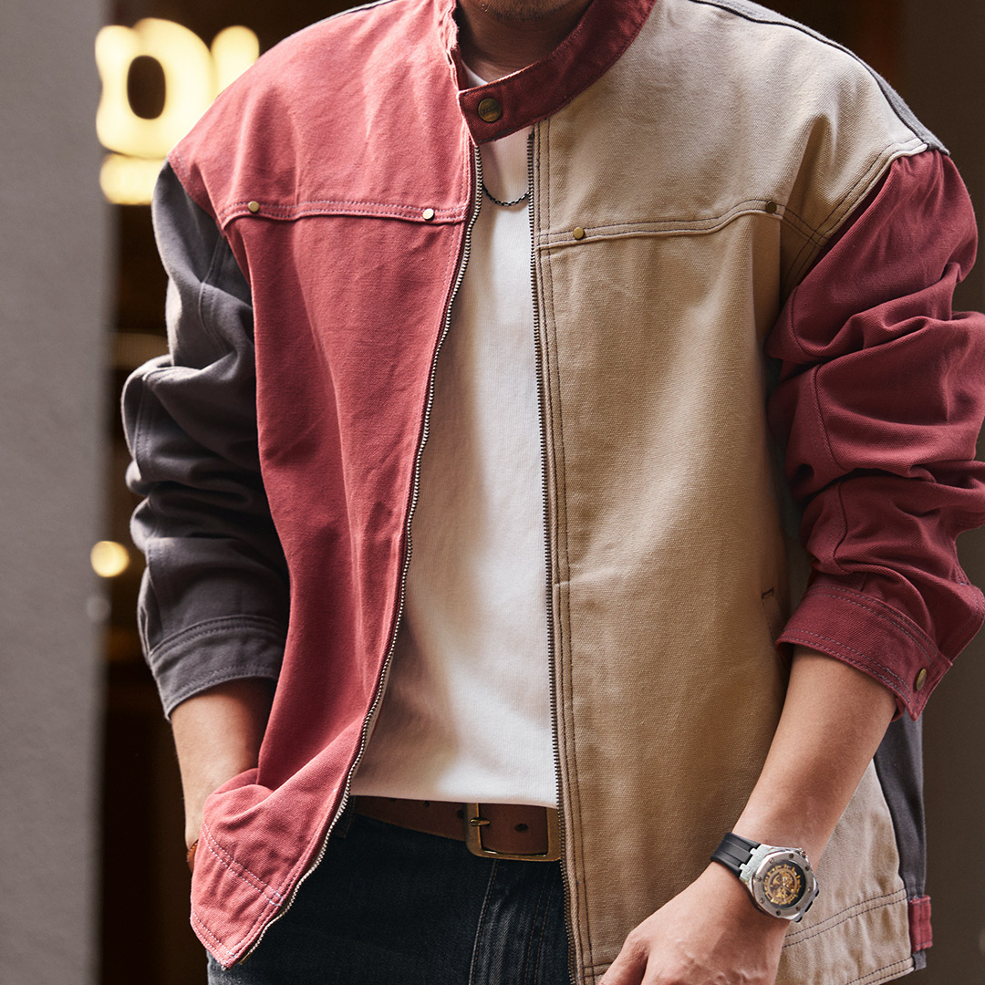 美式撞色哈靈頓拼色工裝夾克外套男款2025秋季重磅休閒獵裝