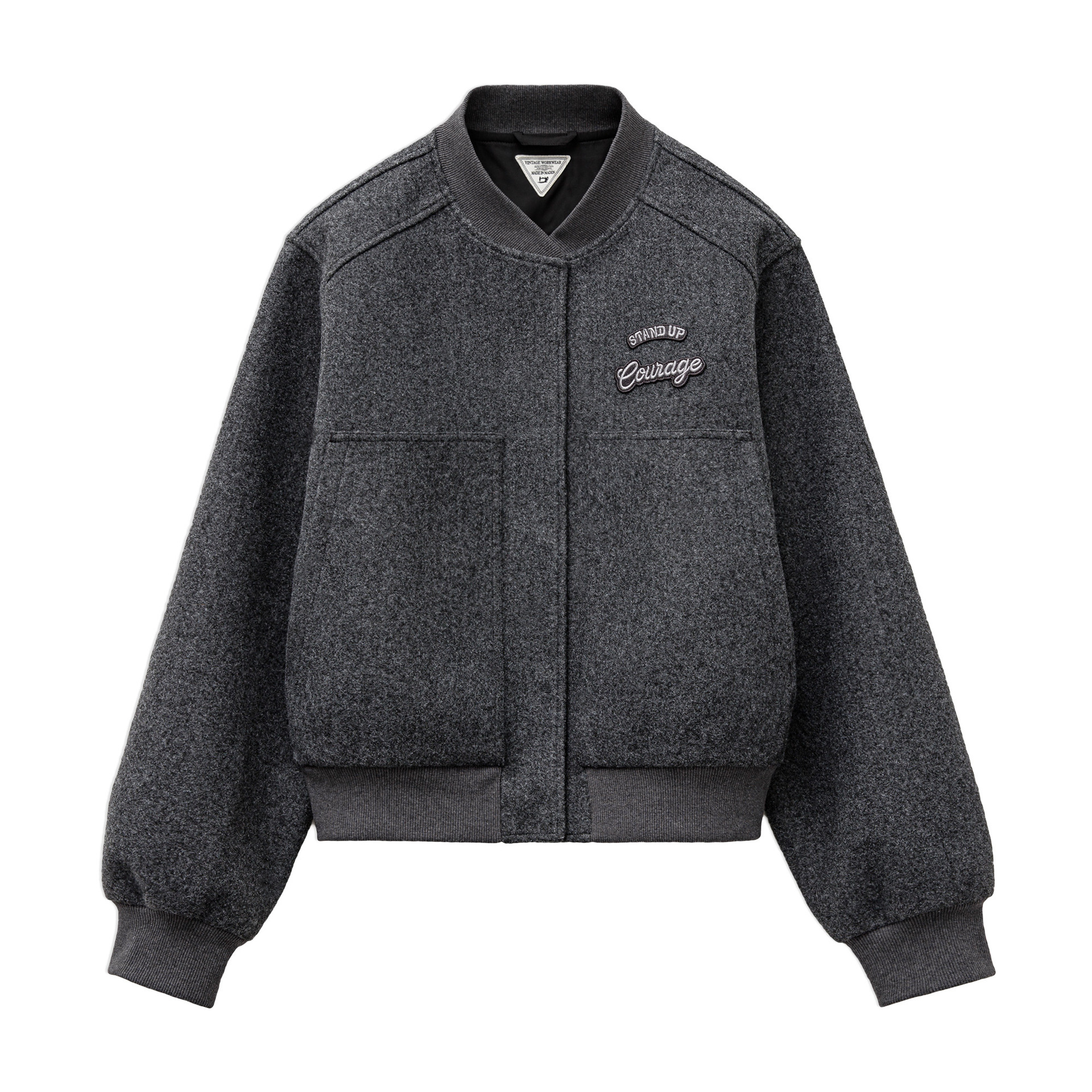 深灰色加厚棒球領服短款毛呢呢子夾克大口袋外套上衣女士秋冬