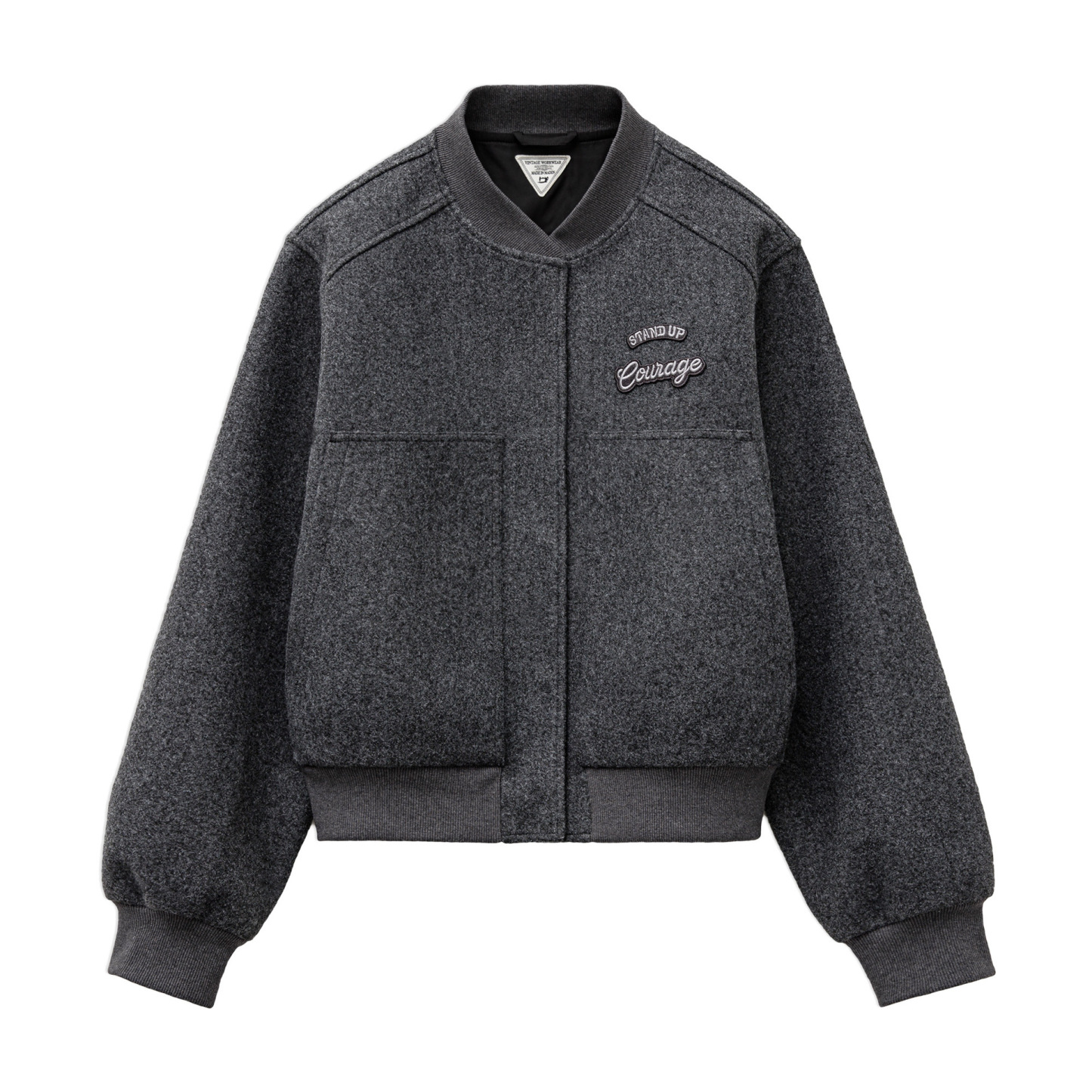 深灰色加厚棒球領服短款毛呢呢子夾克大口袋外套上衣女士秋冬