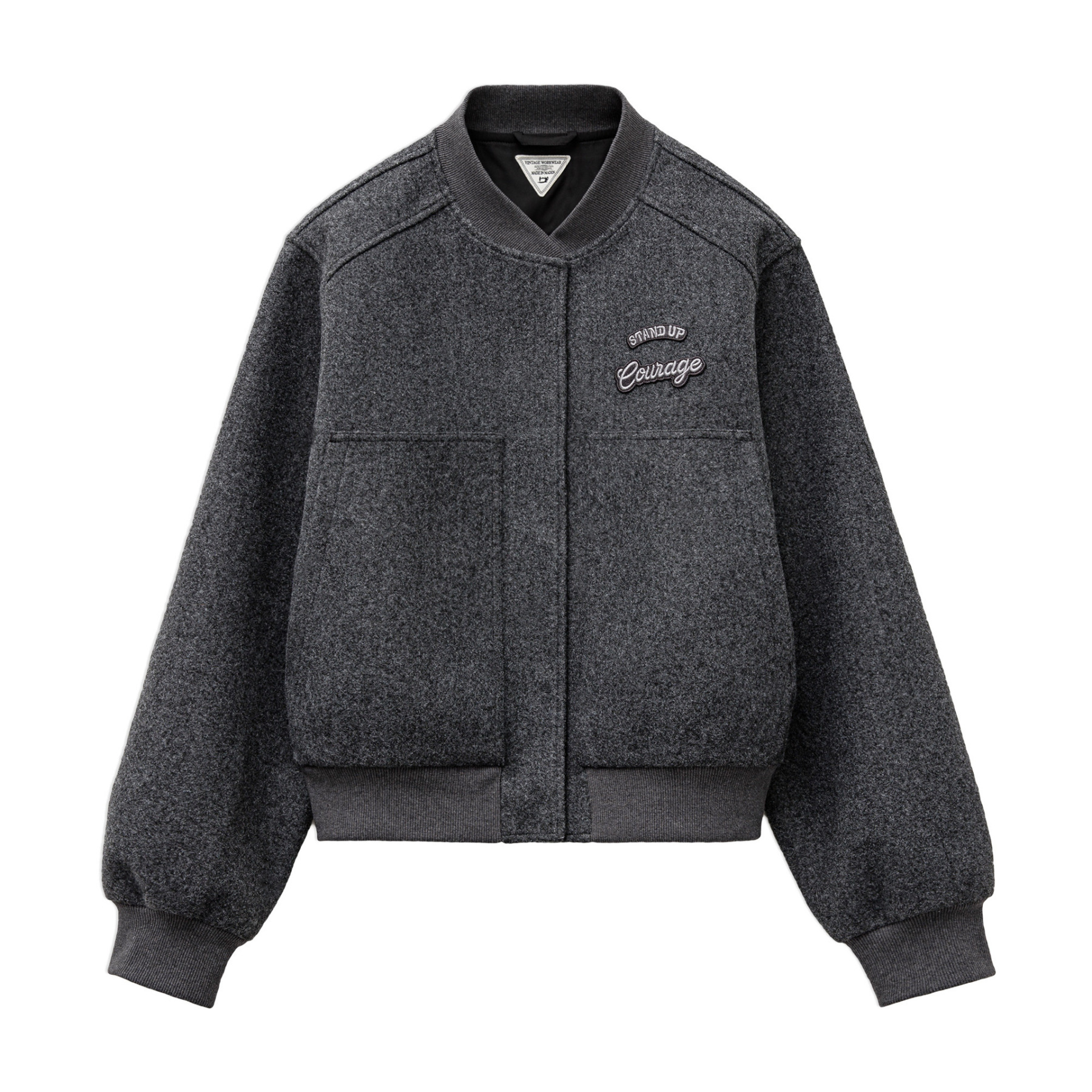 深灰色加厚棒球領服短款毛呢呢子夾克大口袋外套上衣女士秋冬