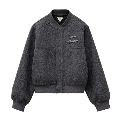 深灰色加厚棒球領服短款毛呢呢子夾克大口袋外套上衣女士秋冬