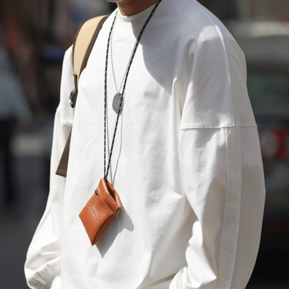 美式休閒重磅拼接袖籠長袖T恤男純棉寬鬆圓領磨瓷白色打底衫-Retro's Wear