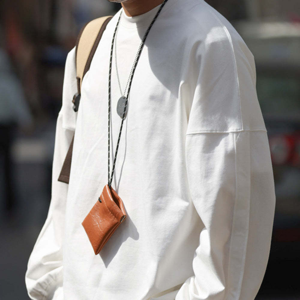 美式休閒重磅拼接袖籠長袖T恤男純棉寬鬆圓領磨瓷白色打底衫-Retro's Wear