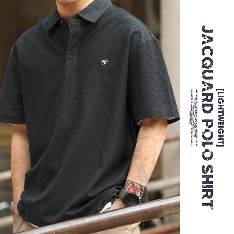 美式休閒200g短袖POLO衫男方格提花零壓舒適感刺繡T恤夏