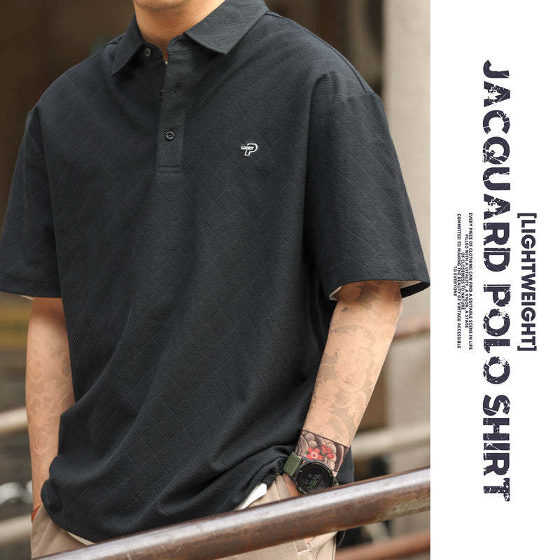 美式休閒200g短袖POLO衫男方格提花零壓舒適感刺繡T恤夏