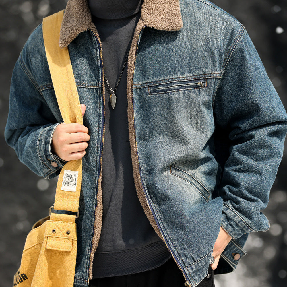 日系復古翻領羊羔絨外套男加絨加厚微闊保暖工裝牛仔夾克冬-Retro's Wear