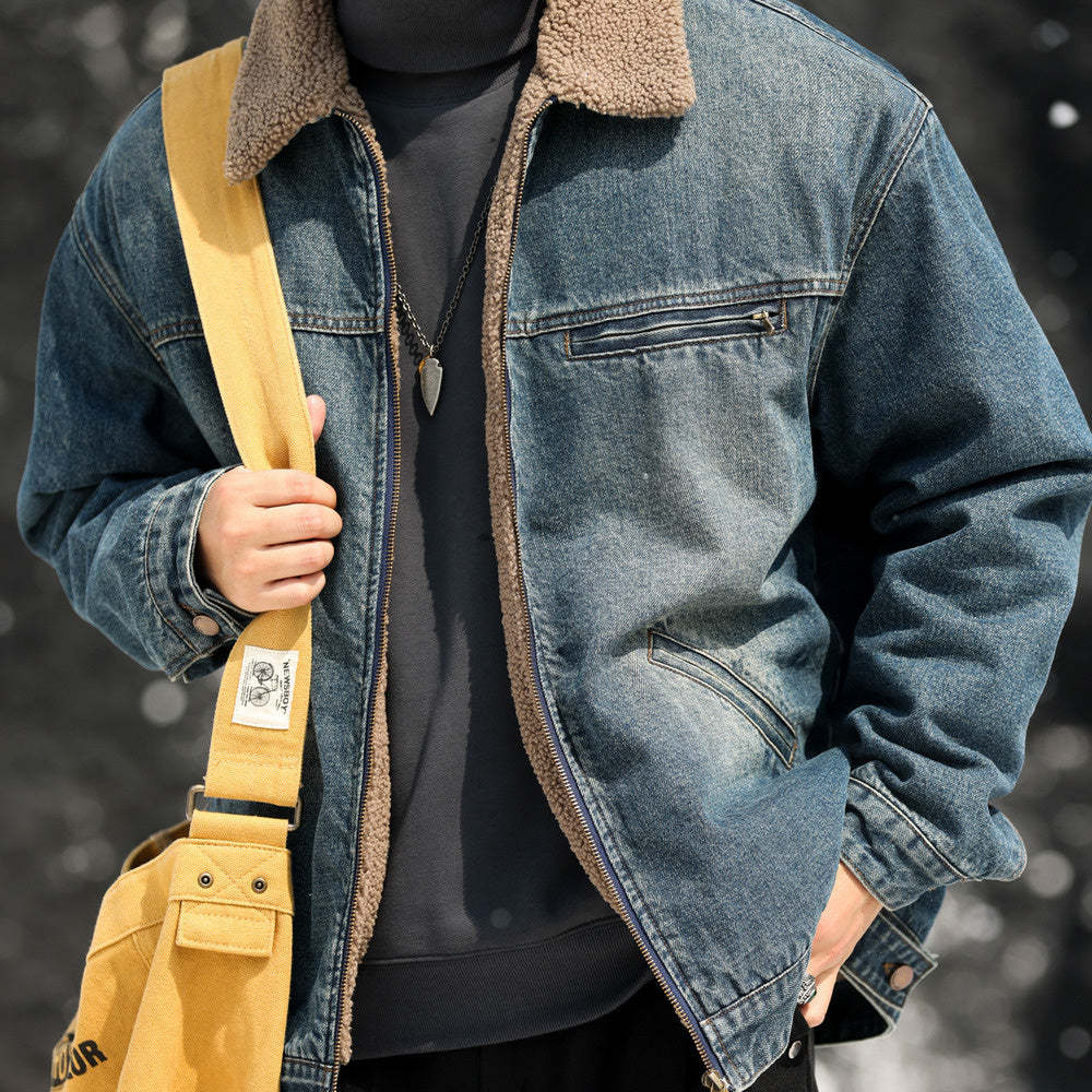日系復古翻領羊羔絨外套男加絨加厚微闊保暖工裝牛仔夾克冬-Retro's Wear