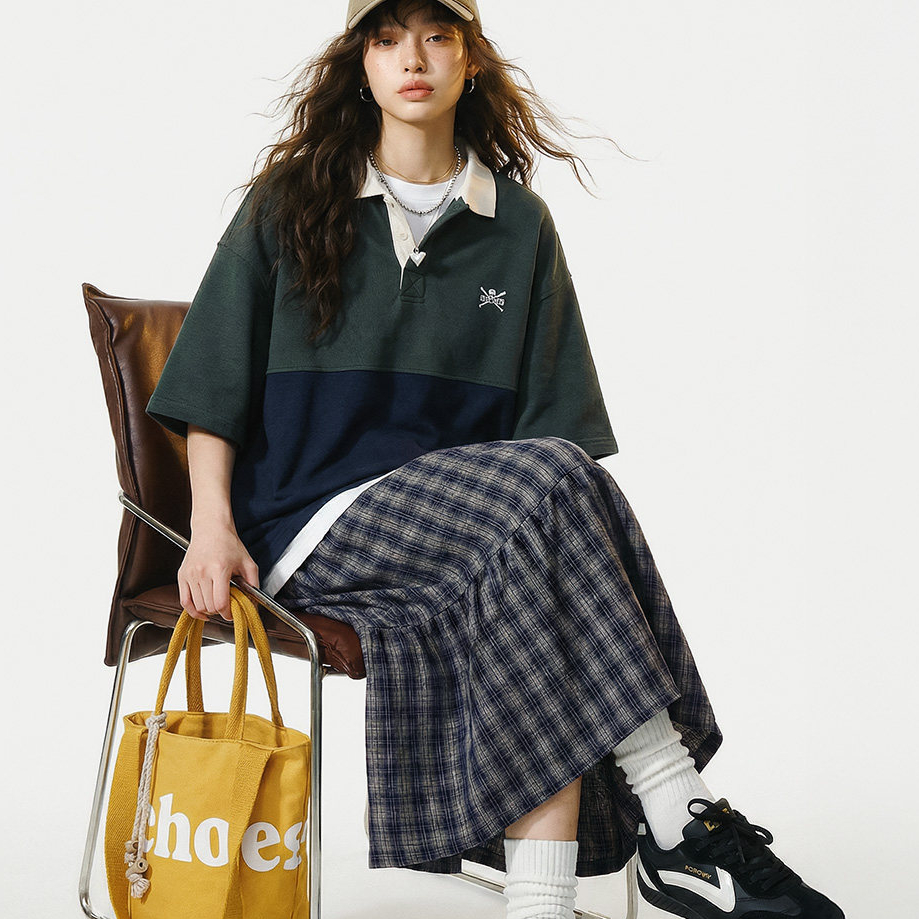 藍綠色復古鬆緊a字蛋糕裙日系百褶拼接格子紋半身長裙女士春