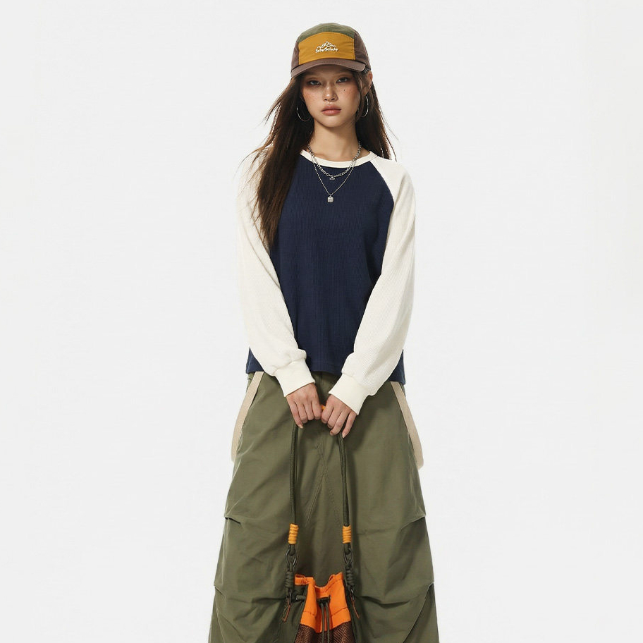 美式復古華夫格圓領藍白撞色無帽長袖t恤打底衫內搭衛衣女春