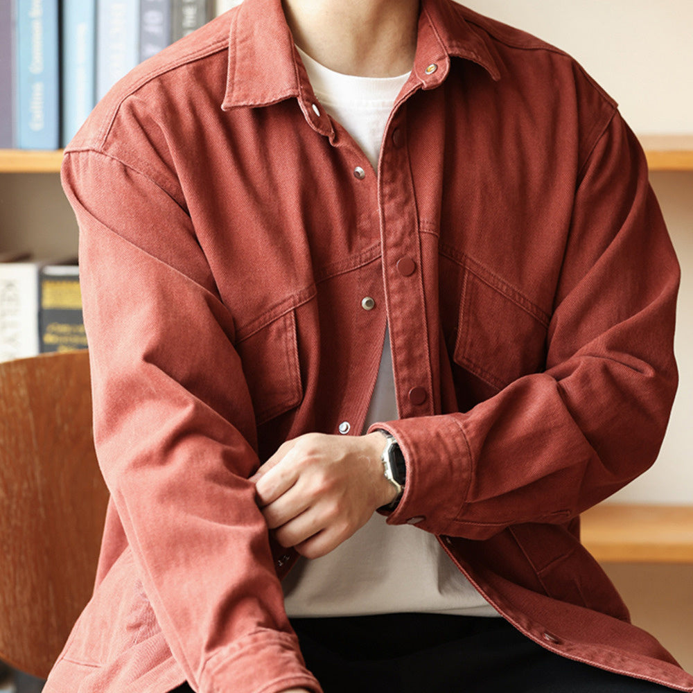 格雷系安可拉紅色襯衫外套男寬鬆巴黎扣斜插口袋工裝襯衣秋-Retro's Wear