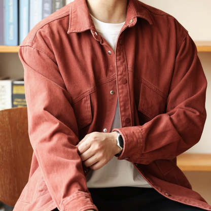 格雷系安可拉紅色襯衫外套男寬鬆巴黎扣斜插口袋工裝襯衣秋-Retro's Wear