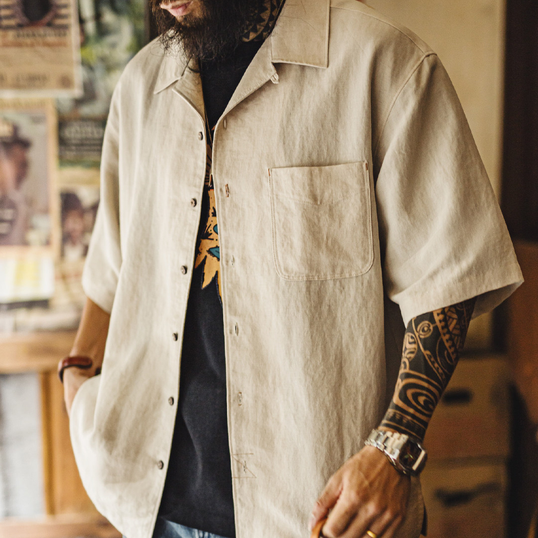 萊賽爾短袖襯衫天絲古巴領鬆弛感襯衣美式老錢風外套男夏