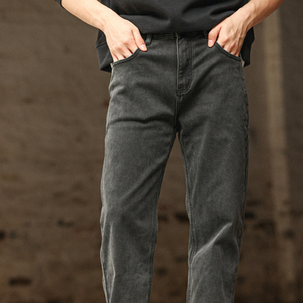 美式復古黑色牛仔褲男洗水做舊中腰窄版闊腿直筒長褲子-Retro's Wear