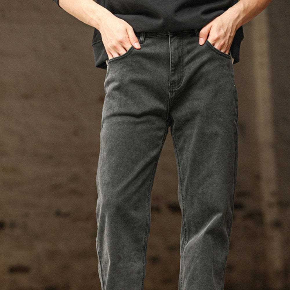 美式復古黑色牛仔褲男洗水做舊中腰窄版闊腿直筒長褲子-Retro's Wear