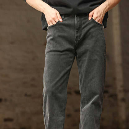 美式復古黑色牛仔褲男洗水做舊中腰窄版闊腿直筒長褲子-Retro's Wear